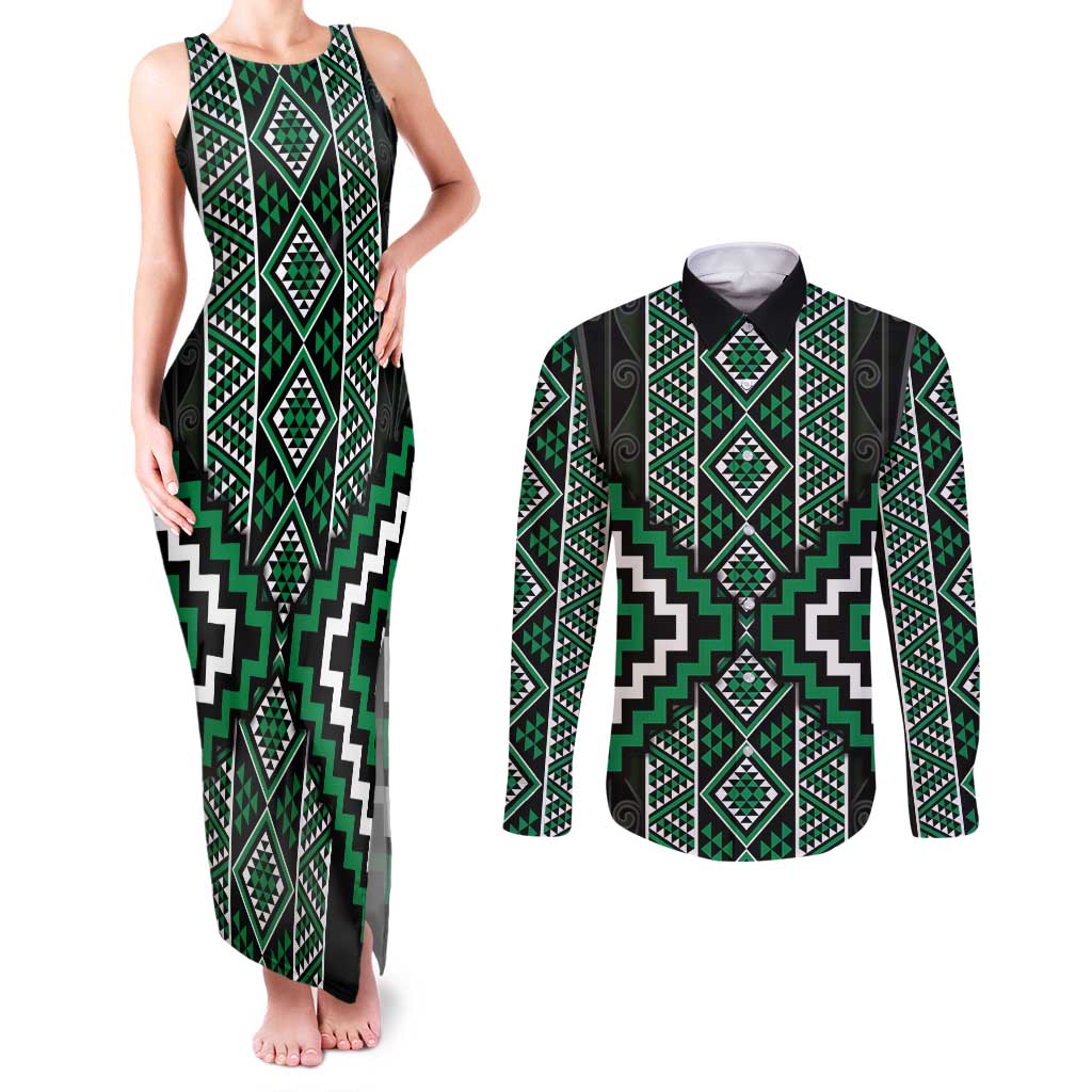 Jade Tukutuku Pattern Aotearoa Couples Matching Tank Maxi Dress and Long Sleeve Button Shirt Niho Taniwha and Puhoro Motifs