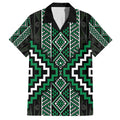 Jade Tukutuku Pattern Aotearoa Family Matching Off The Shoulder Long Sleeve Dress and Hawaiian Shirt Niho Taniwha and Puhoro Motifs