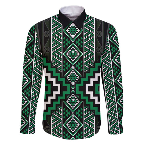 Jade Tukutuku Pattern Aotearoa Family Matching Off The Shoulder Long Sleeve Dress and Hawaiian Shirt Niho Taniwha and Puhoro Motifs