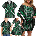 Jade Tukutuku Pattern Aotearoa Family Matching Off Shoulder Short Dress and Hawaiian Shirt Niho Taniwha and Puhoro Motifs