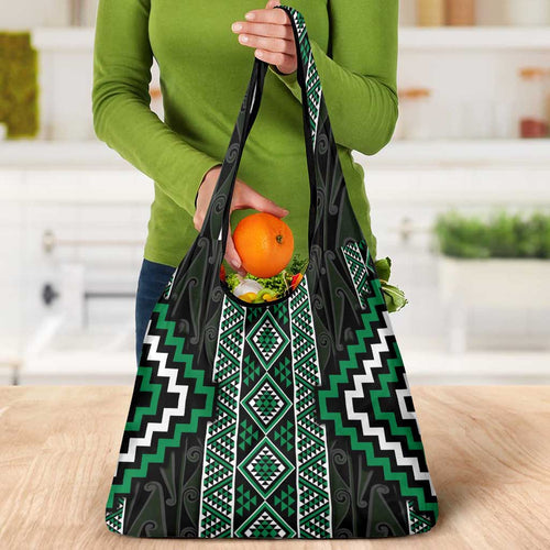 Jade Tukutuku Pattern Aotearoa Grocery Bag Niho Taniwha and Puhoro Motifs