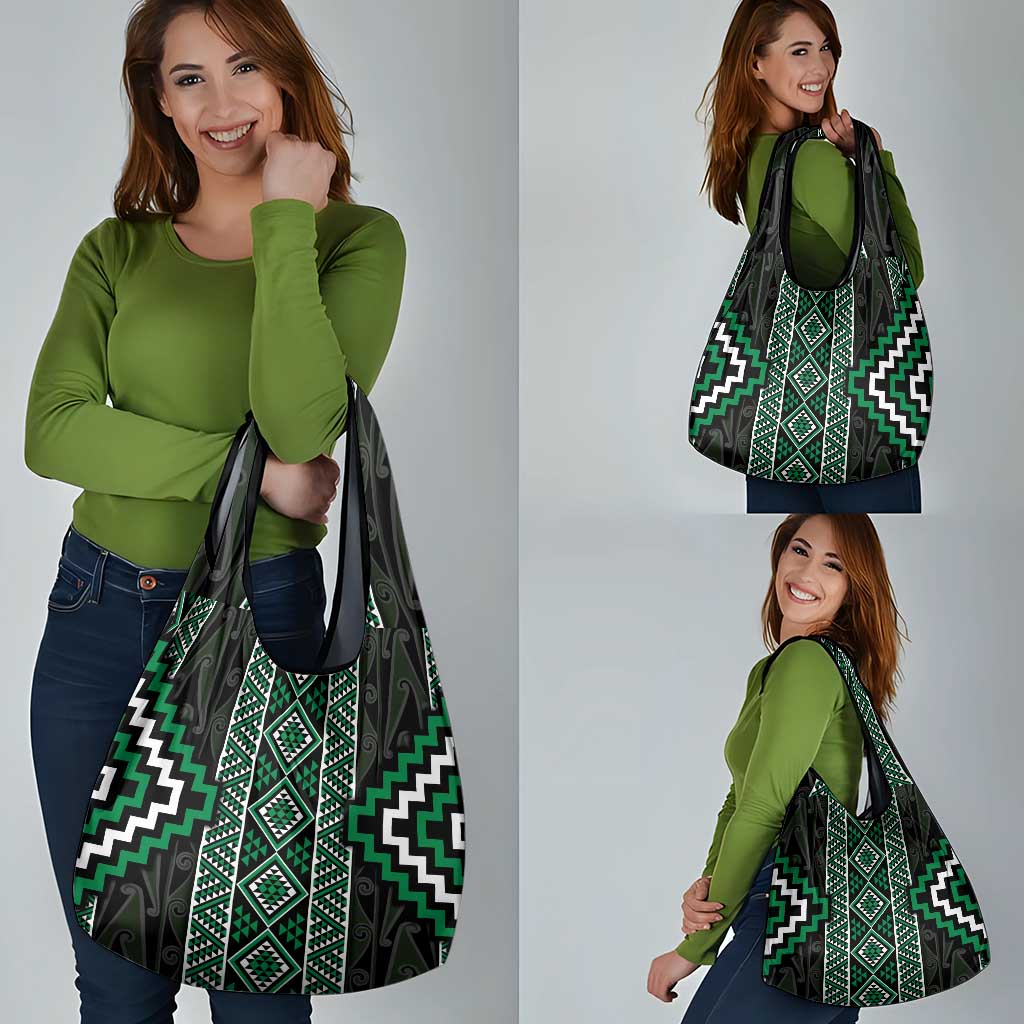 Jade Tukutuku Pattern Aotearoa Grocery Bag Niho Taniwha and Puhoro Motifs