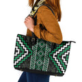 Jade Tukutuku Pattern Aotearoa Leather Tote Bag Niho Taniwha and Puhoro Motifs
