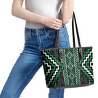 Jade Tukutuku Pattern Aotearoa Leather Tote Bag Niho Taniwha and Puhoro Motifs