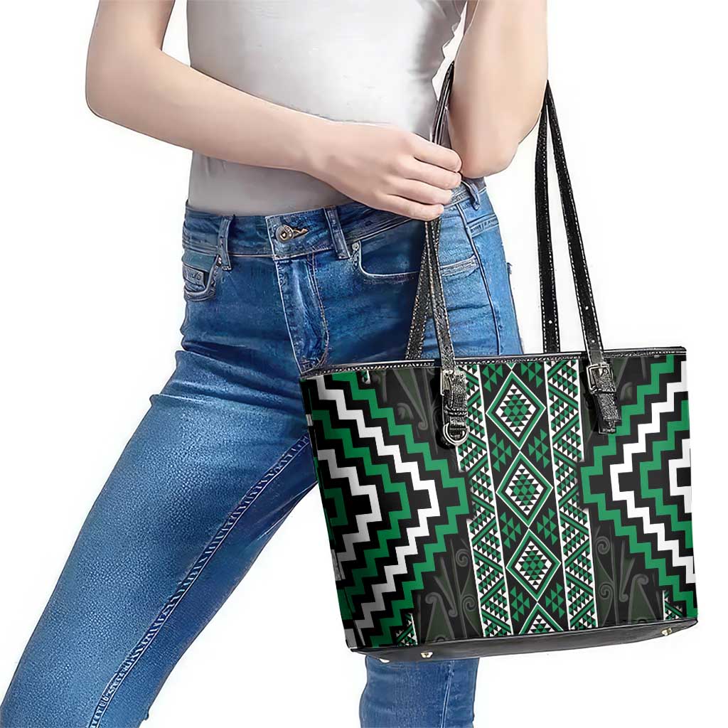 Jade Tukutuku Pattern Aotearoa Leather Tote Bag Niho Taniwha and Puhoro Motifs