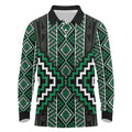 Jade Tukutuku Pattern Aotearoa Long Sleeve Polo Shirt Niho Taniwha and Puhoro Motifs