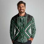 Jade Tukutuku Pattern Aotearoa Long Sleeve Polo Shirt Niho Taniwha and Puhoro Motifs