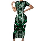 Jade Tukutuku Pattern Aotearoa Short Sleeve Bodycon Dress Niho Taniwha and Puhoro Motifs