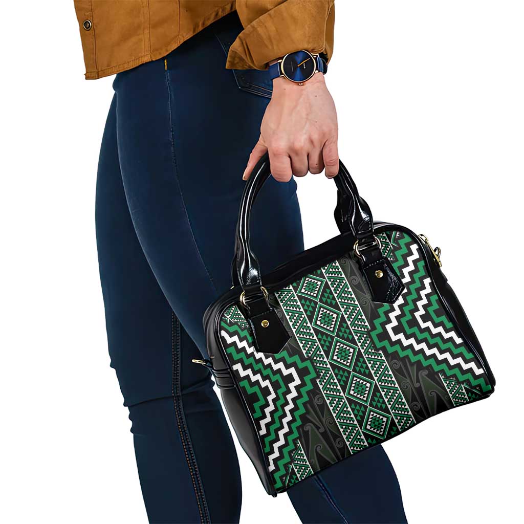 Jade Tukutuku Pattern Aotearoa Shoulder Handbag Niho Taniwha and Puhoro Motifs