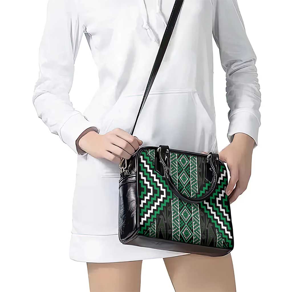 Jade Tukutuku Pattern Aotearoa Shoulder Handbag Niho Taniwha and Puhoro Motifs