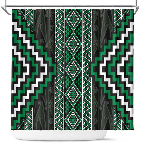 Jade Tukutuku Pattern Aotearoa Shower Curtain Niho Taniwha and Puhoro Motifs