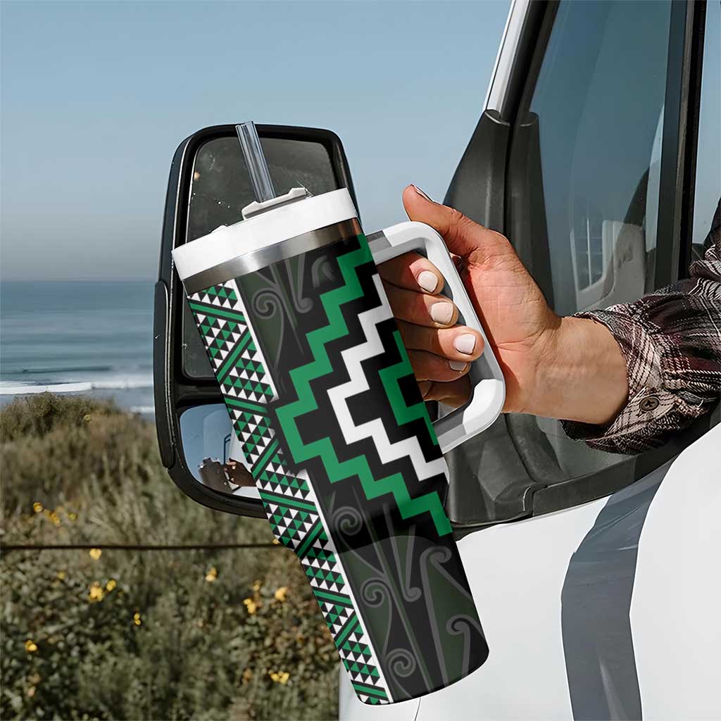 Jade Tukutuku Pattern Aotearoa Tumbler With Handle Niho Taniwha and Puhoro Motifs