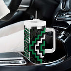 Jade Tukutuku Pattern Aotearoa Tumbler With Handle Niho Taniwha and Puhoro Motifs