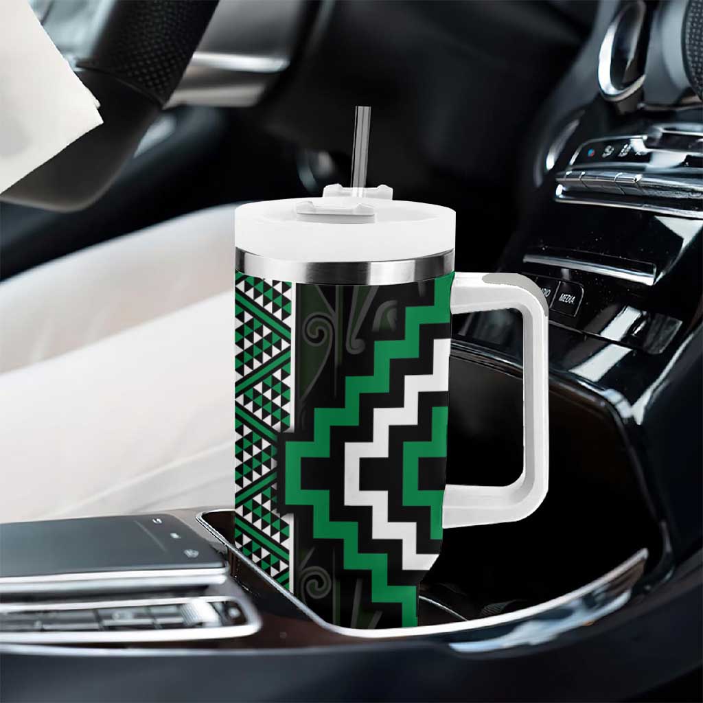 Jade Tukutuku Pattern Aotearoa Tumbler With Handle Niho Taniwha and Puhoro Motifs