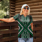 Jade Tukutuku Pattern Aotearoa Women Polo Shirt Niho Taniwha and Puhoro Motifs