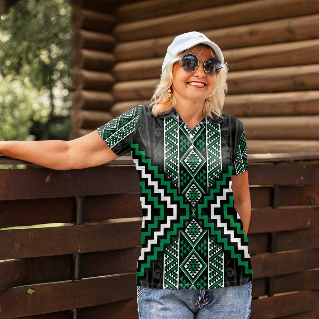 Jade Tukutuku Pattern Aotearoa Women Polo Shirt Niho Taniwha and Puhoro Motifs