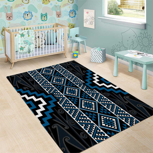 Azure Tukutuku Pattern Aotearoa Area Rug Niho Taniwha and Puhoro Motifs
