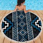 Azure Tukutuku Pattern Aotearoa Beach Blanket Niho Taniwha and Puhoro Motifs