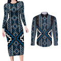 Azure Tukutuku Pattern Aotearoa Couples Matching Long Sleeve Bodycon Dress and Long Sleeve Button Shirt Niho Taniwha and Puhoro Motifs
