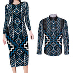 Azure Tukutuku Pattern Aotearoa Couples Matching Long Sleeve Bodycon Dress and Long Sleeve Button Shirt Niho Taniwha and Puhoro Motifs