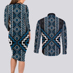 Azure Tukutuku Pattern Aotearoa Couples Matching Long Sleeve Bodycon Dress and Long Sleeve Button Shirt Niho Taniwha and Puhoro Motifs