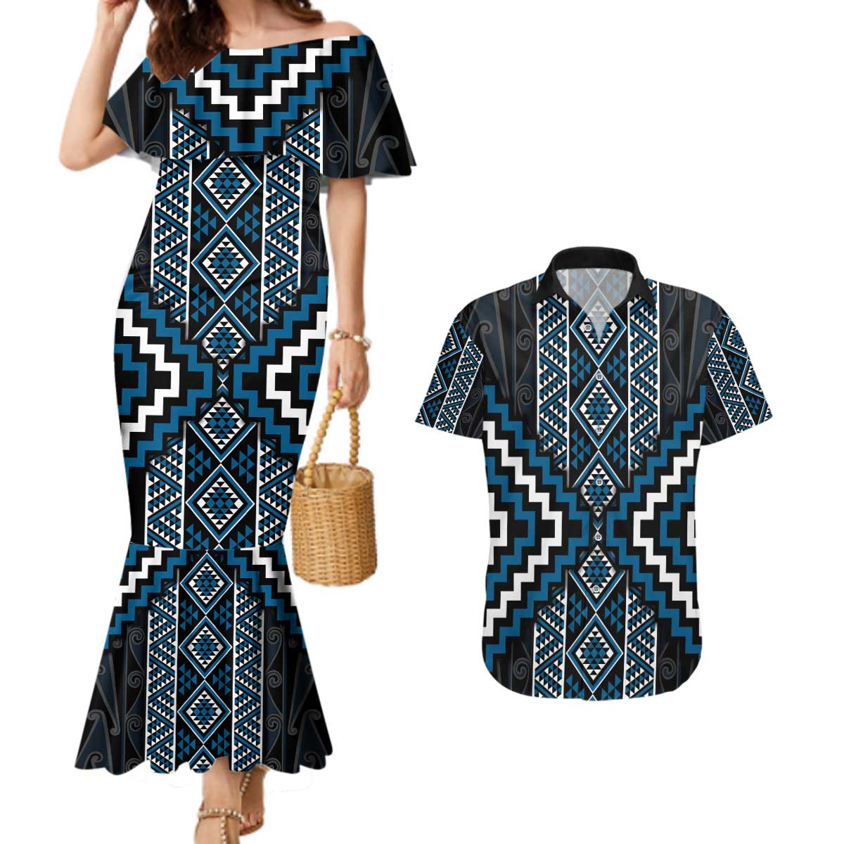 Azure Tukutuku Pattern Aotearoa Couples Matching Mermaid Dress and Hawaiian Shirt Niho Taniwha and Puhoro Motifs