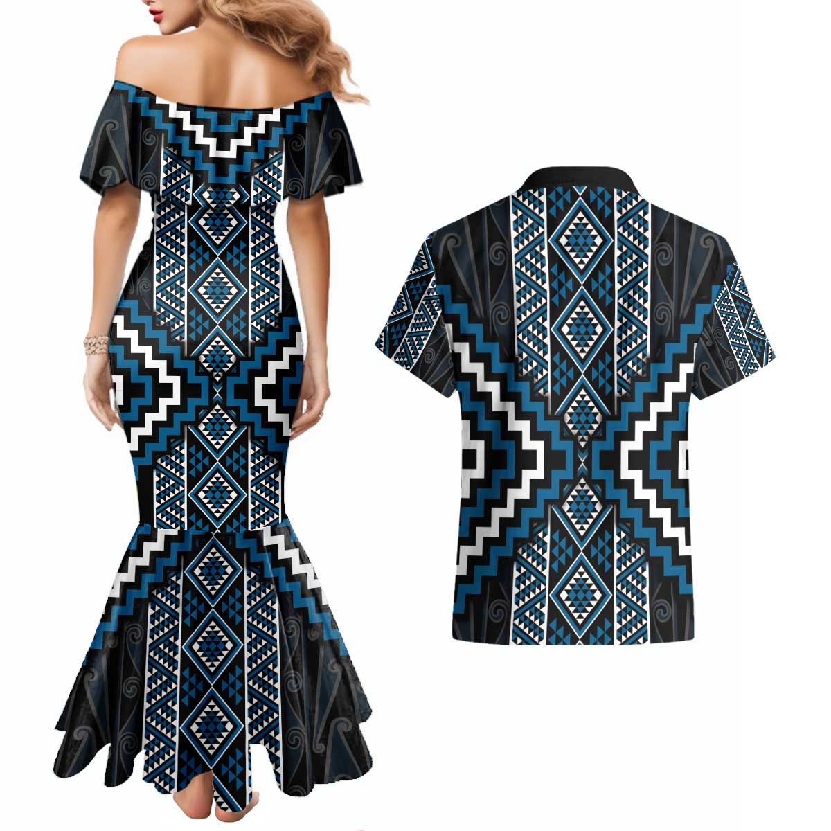 Azure Tukutuku Pattern Aotearoa Couples Matching Mermaid Dress and Hawaiian Shirt Niho Taniwha and Puhoro Motifs