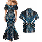 Azure Tukutuku Pattern Aotearoa Couples Matching Mermaid Dress and Hawaiian Shirt Niho Taniwha and Puhoro Motifs