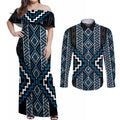 Azure Tukutuku Pattern Aotearoa Couples Matching Off Shoulder Maxi Dress and Long Sleeve Button Shirt Niho Taniwha and Puhoro Motifs
