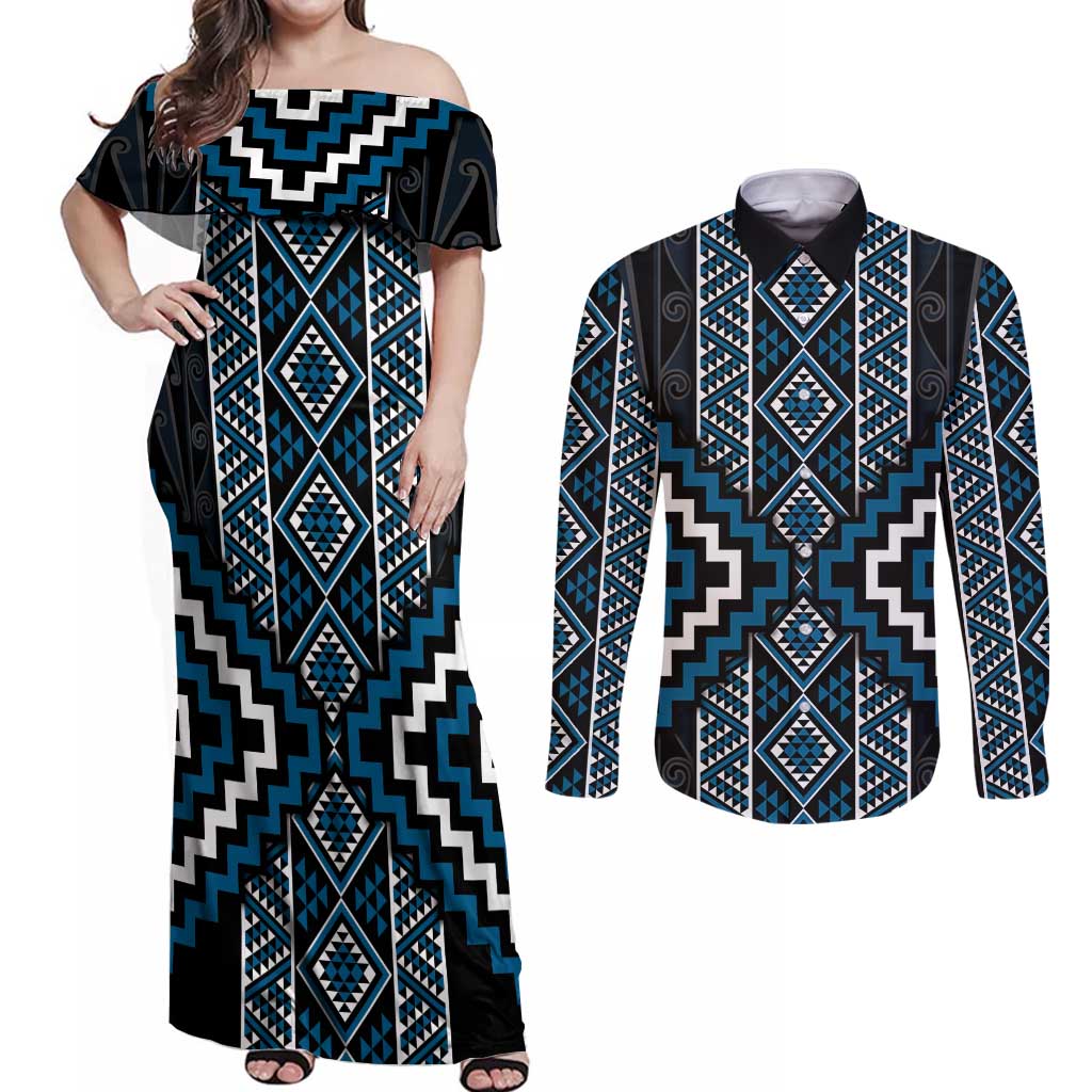 Azure Tukutuku Pattern Aotearoa Couples Matching Off Shoulder Maxi Dress and Long Sleeve Button Shirt Niho Taniwha and Puhoro Motifs