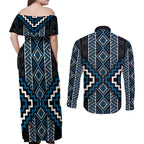 Azure Tukutuku Pattern Aotearoa Couples Matching Off Shoulder Maxi Dress and Long Sleeve Button Shirt Niho Taniwha and Puhoro Motifs