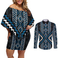 Azure Tukutuku Pattern Aotearoa Couples Matching Off Shoulder Short Dress and Long Sleeve Button Shirt Niho Taniwha and Puhoro Motifs