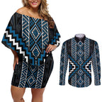 Azure Tukutuku Pattern Aotearoa Couples Matching Off Shoulder Short Dress and Long Sleeve Button Shirt Niho Taniwha and Puhoro Motifs