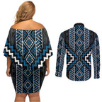 Azure Tukutuku Pattern Aotearoa Couples Matching Off Shoulder Short Dress and Long Sleeve Button Shirt Niho Taniwha and Puhoro Motifs