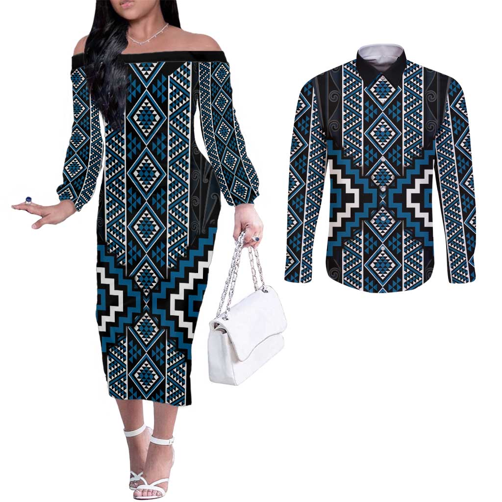 Azure Tukutuku Pattern Aotearoa Couples Matching Off The Shoulder Long Sleeve Dress and Long Sleeve Button Shirt Niho Taniwha and Puhoro Motifs