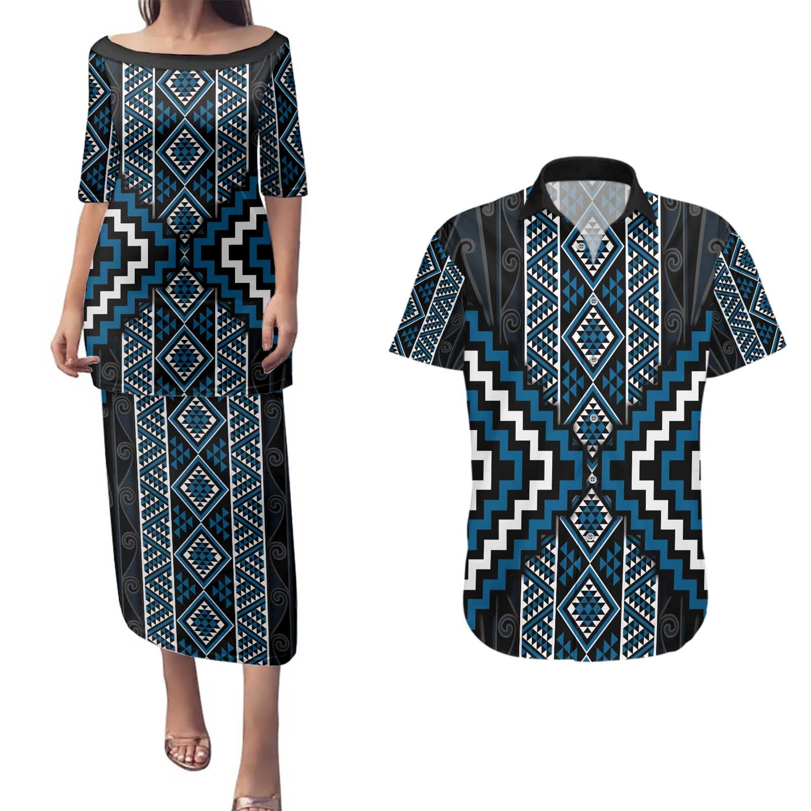 Azure Tukutuku Pattern Aotearoa Couples Matching Puletasi and Hawaiian Shirt Niho Taniwha and Puhoro Motifs