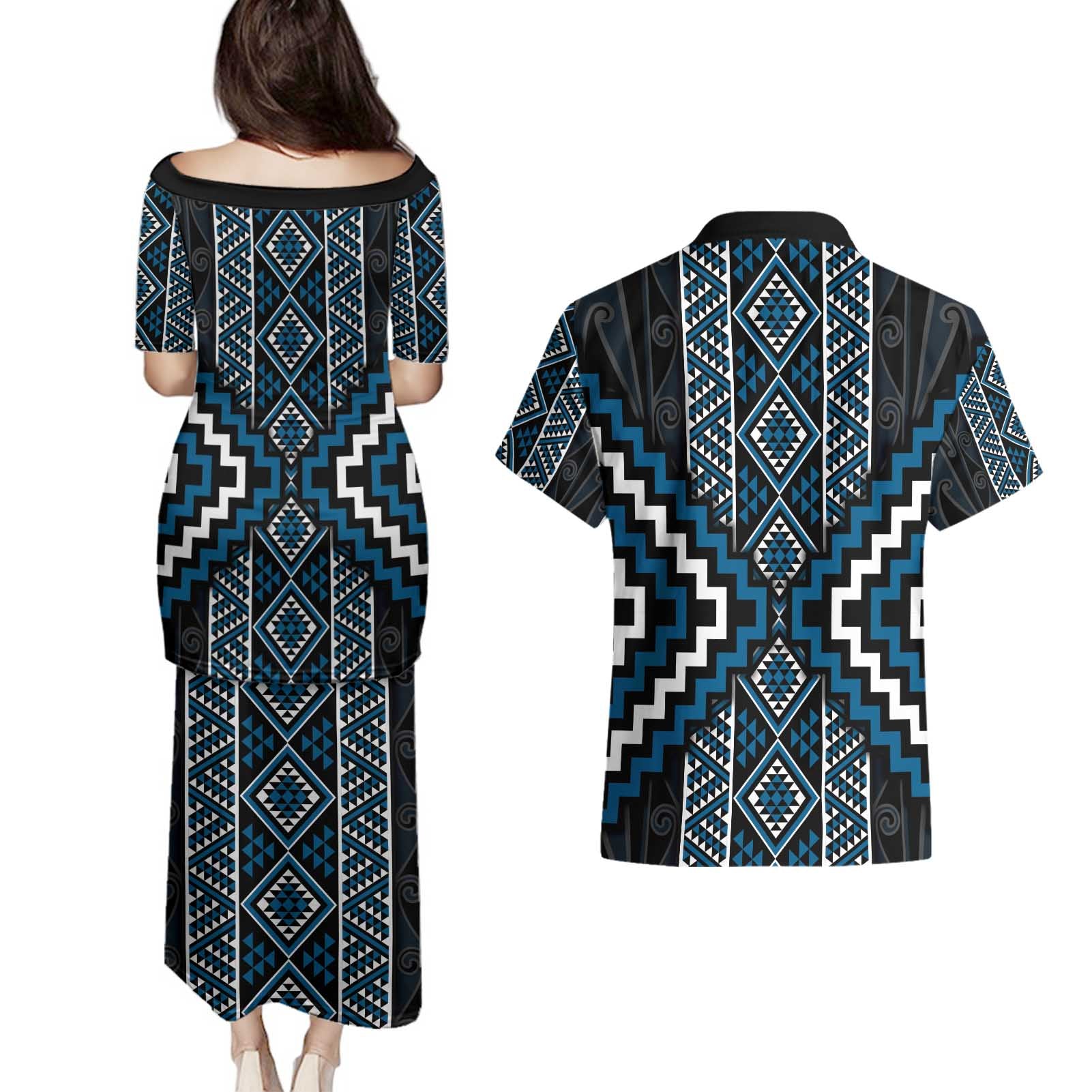 Azure Tukutuku Pattern Aotearoa Couples Matching Puletasi and Hawaiian Shirt Niho Taniwha and Puhoro Motifs