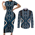 Azure Tukutuku Pattern Aotearoa Couples Matching Short Sleeve Bodycon Dress and Long Sleeve Button Shirt Niho Taniwha and Puhoro Motifs
