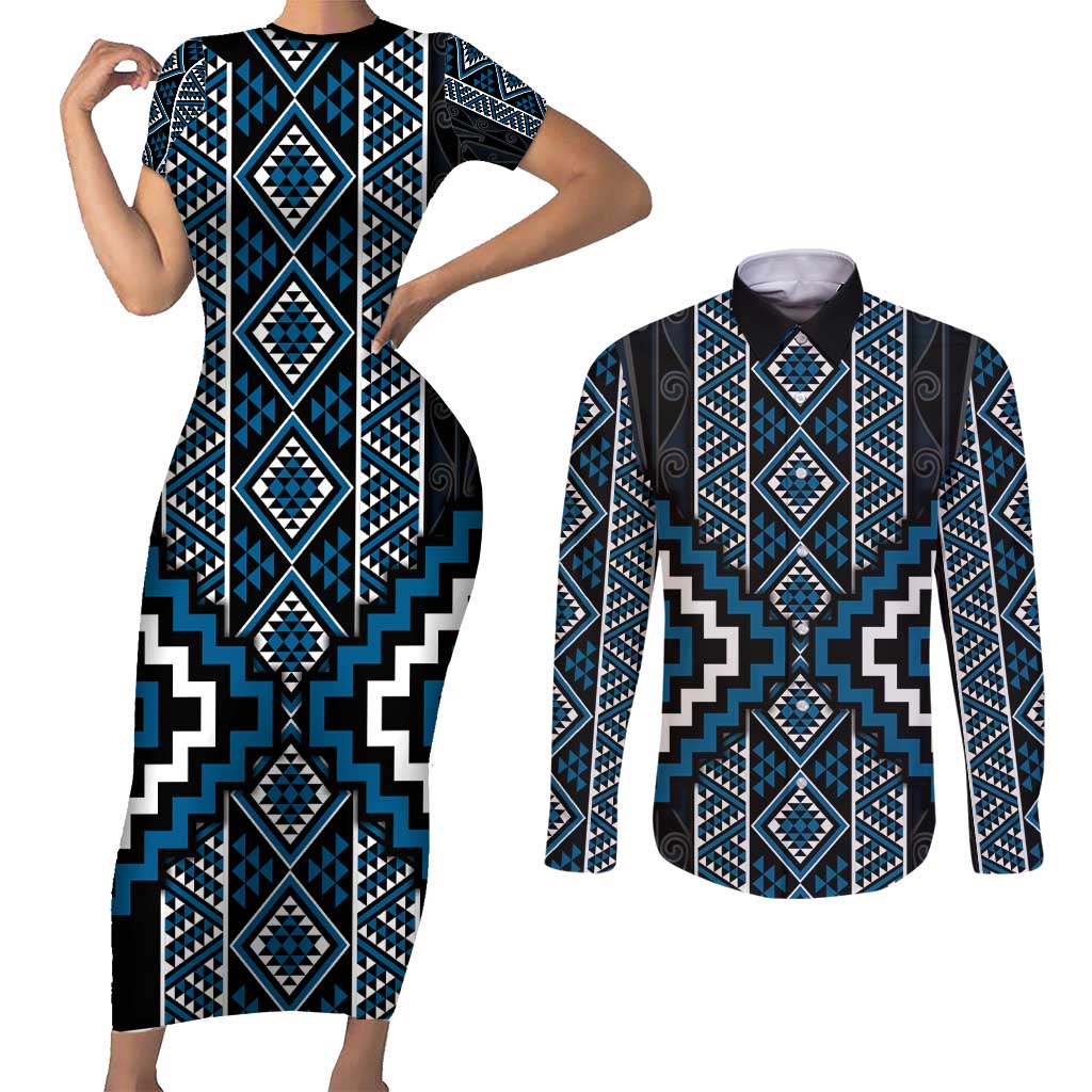 Azure Tukutuku Pattern Aotearoa Couples Matching Short Sleeve Bodycon Dress and Long Sleeve Button Shirt Niho Taniwha and Puhoro Motifs