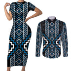 Azure Tukutuku Pattern Aotearoa Couples Matching Short Sleeve Bodycon Dress and Long Sleeve Button Shirt Niho Taniwha and Puhoro Motifs