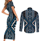 Azure Tukutuku Pattern Aotearoa Couples Matching Short Sleeve Bodycon Dress and Long Sleeve Button Shirt Niho Taniwha and Puhoro Motifs