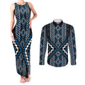 Azure Tukutuku Pattern Aotearoa Couples Matching Tank Maxi Dress and Long Sleeve Button Shirt Niho Taniwha and Puhoro Motifs