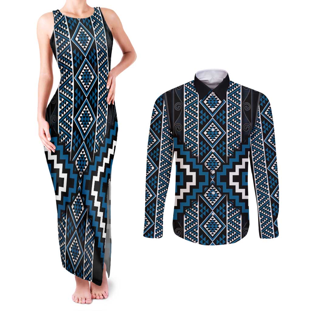 Azure Tukutuku Pattern Aotearoa Couples Matching Tank Maxi Dress and Long Sleeve Button Shirt Niho Taniwha and Puhoro Motifs