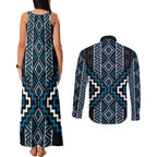 Azure Tukutuku Pattern Aotearoa Couples Matching Tank Maxi Dress and Long Sleeve Button Shirt Niho Taniwha and Puhoro Motifs