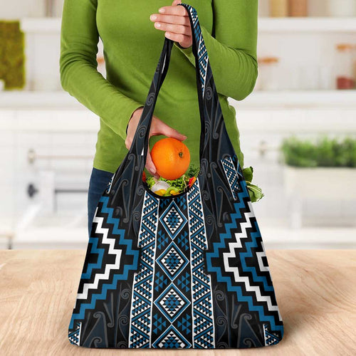 Azure Tukutuku Pattern Aotearoa Grocery Bag Niho Taniwha and Puhoro Motifs