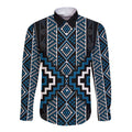 Azure Tukutuku Pattern Aotearoa Long Sleeve Button Shirt Niho Taniwha and Puhoro Motifs