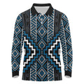 Azure Tukutuku Pattern Aotearoa Long Sleeve Polo Shirt Niho Taniwha and Puhoro Motifs