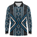 Azure Tukutuku Pattern Aotearoa Long Sleeve Polo Shirt Niho Taniwha and Puhoro Motifs