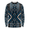 Azure Tukutuku Pattern Aotearoa Long Sleeve Shirt Niho Taniwha and Puhoro Motifs