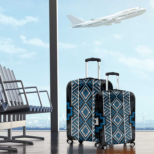 Azure Tukutuku Pattern Aotearoa Luggage Cover Niho Taniwha and Puhoro Motifs